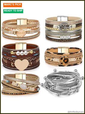 6 Pc Boho PU Leather Wrap Bracelets Stackable Set Women